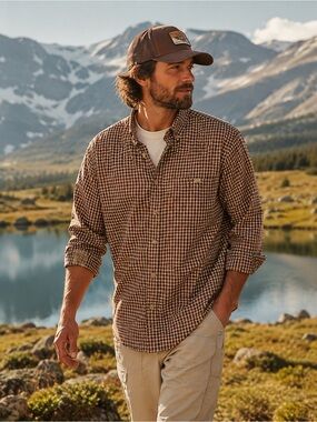 Woolrich Check Button Up Shirt Brown Large Outdoor Casual Western Country Gorp